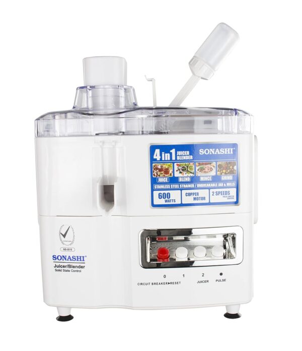 SONASHI SJB-309 4-in-1 Juicer Blender [White] 600W Copper Motor, 2 Speed, 3 Jars w/Lid for Wet/Dry Grinding, Grater & Strainer, Blender for Kitchen| Home Kitchen Appliances