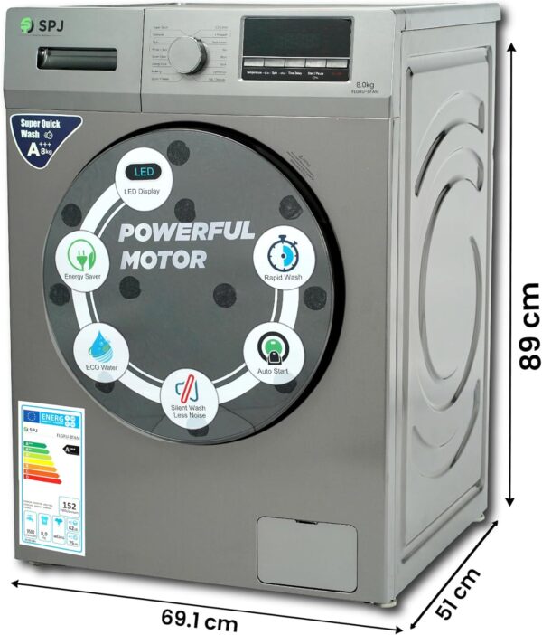 SPJ 8Kg Fully Automatic Front Load Washing Machine With LED Display, Multiple Wash Programs, Double Layer Front Door, Energy Efficient, Easy Operation – 1 Year Warranty - Image 4