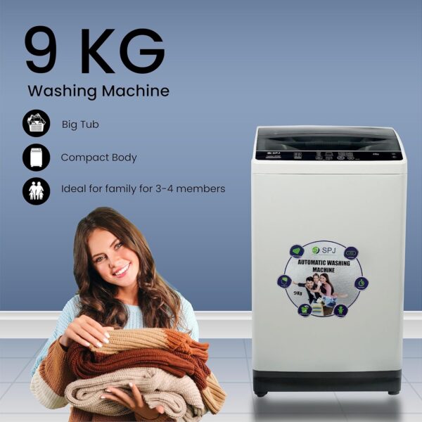 SPJ 9KG Fully Automatic Washing Machine, Top Loader, Washing Machine Automatic, Tub Clean Function & Drop-Off Function, Single Water Inlet With Lid- 1 Year Warranty - Image 2