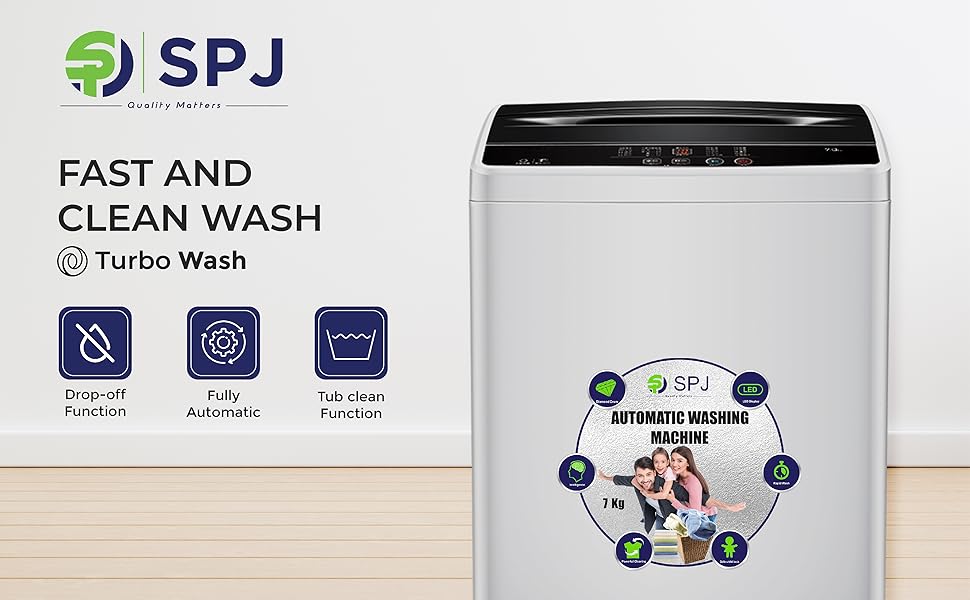 SPJ 9KG Fully Automatic Washing Machine, Top Loader, Washing Machine Automatic, Tub Clean Function & Drop-Off Function, Single Water Inlet With Lid- 1 Year Warranty