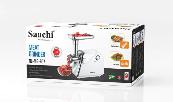 Saachi Powerful 2200W Meat Grinder with Sausage & Kibbeh Attachments, Stainless Steel Blade, Reverse Function, Low Noise, Easy to Clean – White – Saachi NL-MG-967-WH