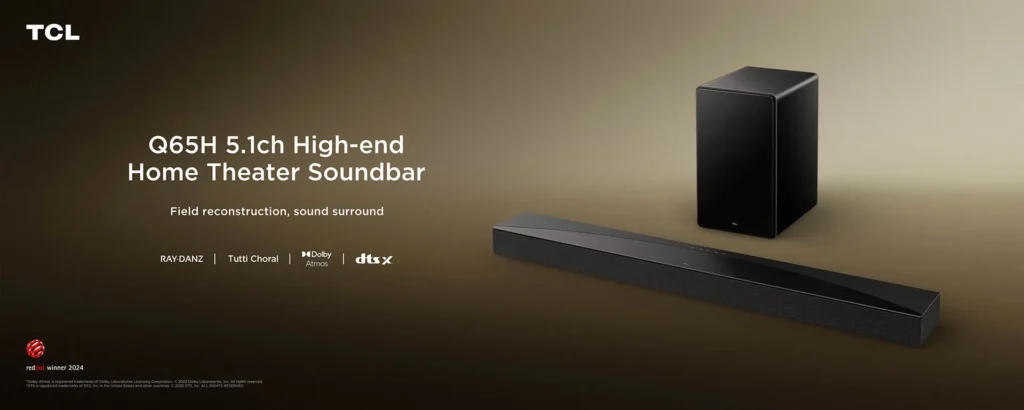 TCL Q65H Soundbar 3.1.2, 340W, Wireless Subwoofer, Loud Premium Bass, Dolby Atmos, DTS Virtual:X, Ray Danz, HDMI eARC, AirPlay 2, Bluetooth 5.3 – 1 Year Warranty