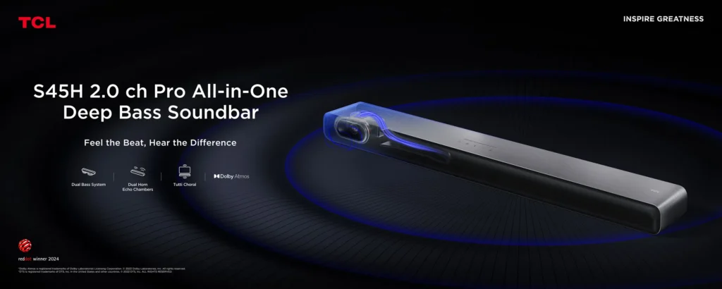 TCL S45HK 2.0 channel Soundbar for TV,100 Watts, Home theater, Sound Expansion, Dolby Atmos, DTS Virtual:X, one remote control, Bluetooth 5.2, HDMI eArc, USB, Optical - 1 Year Warranty