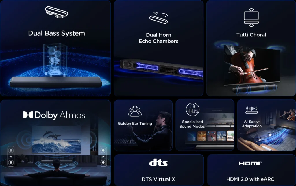 TCL S45HK 2.0 channel Soundbar for TV,100 Watts, Home theater, Sound Expansion, Dolby Atmos, DTS Virtual:X, one remote control, Bluetooth 5.2, HDMI eArc, USB, Optical - 1 Year Warranty