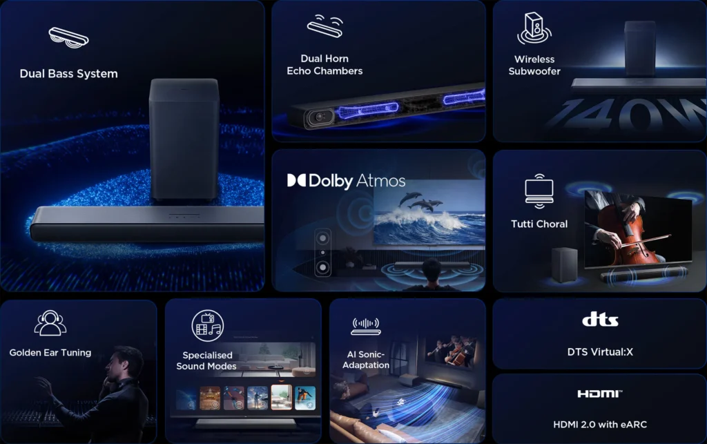 TCL S55H S-Class 2.1 Soundbar with Dolby Atmos, DTS Virtual:X, Wireless Subwoofer, Bluetooth Music Streaming and Auto Room Calibration - 1 Year Warranty