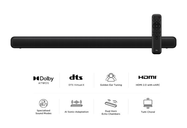 TCL S45HK 2.0 ch Soundbar for TV,100 Watts, Home theater, Sound Expansion, Dolby Atmos, DTS Virtual:X, one remote control, Bluetooth 5.2, HDMI eArc, USB, Optical, Wall Mounting...
