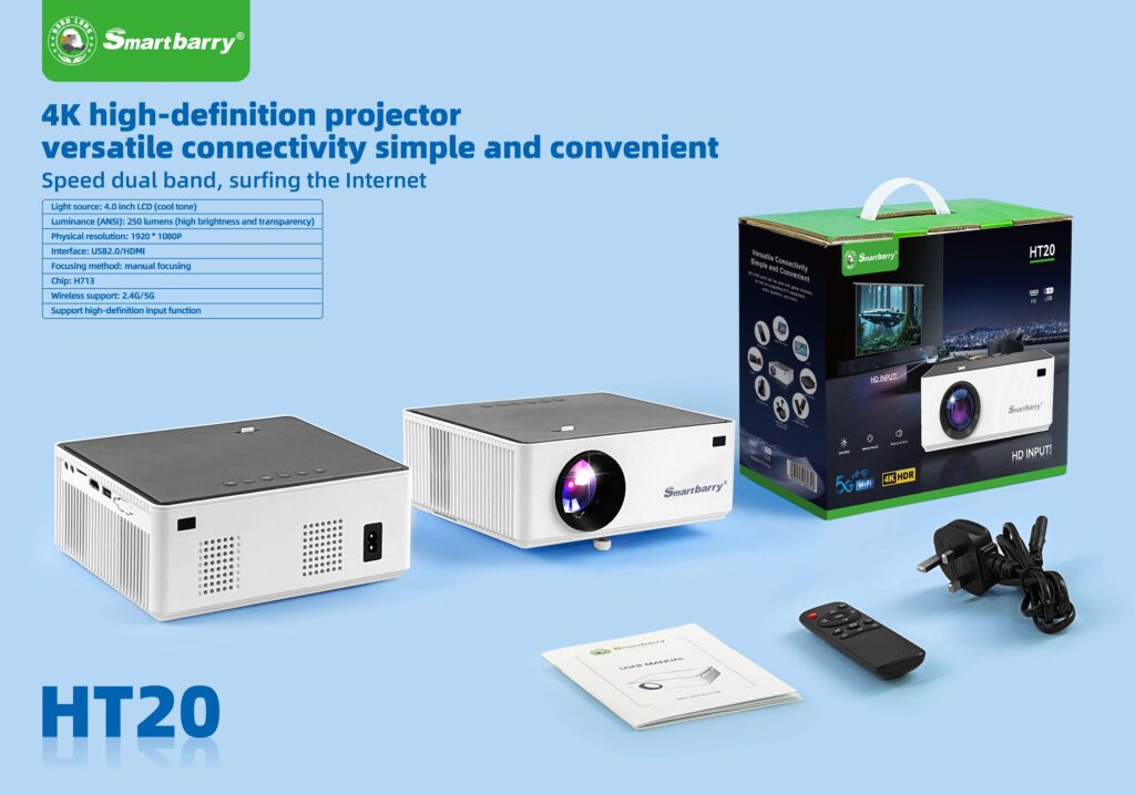 Smartbarry HT20 4K Projector, WiFi Dual Band, HDMI/USB Compatible, Smart Home Theater, Portable, Compatible with TV Stick/iOS/Android/Plastation