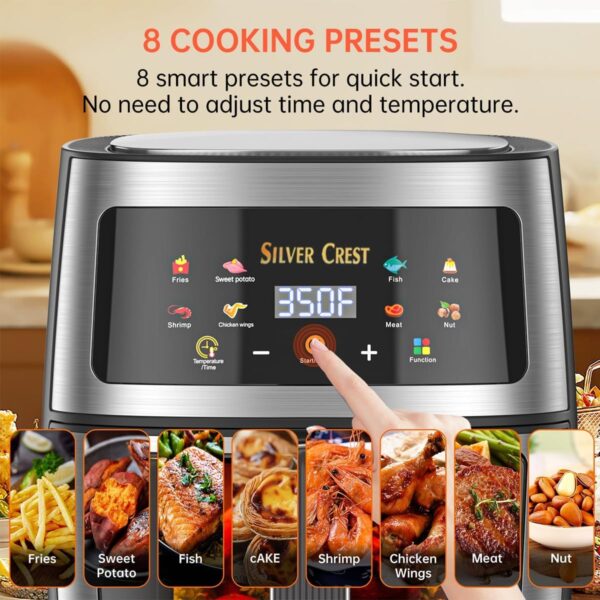 Silver Crest 8L Digital Air Fryer, Visible Viewing Food Basket, 8 Pre-set Functions, 1400W (Stainless Steel) - Image 6