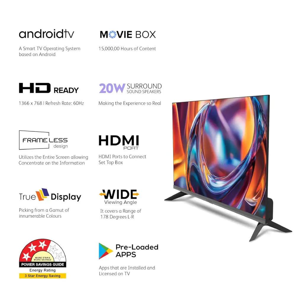 Mitech 32 Inch Smart Android TV With HDMI, USB ports, In-Built Free To Air decoder, Screen Casting - 1 Year Warranty